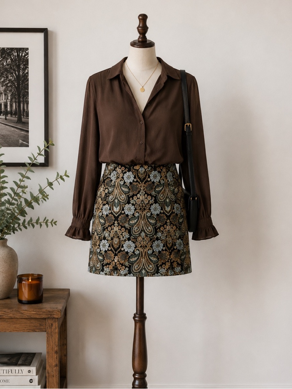 Tapestry Paisley Floral Mini Skirt Black Brown Cottagecore Boho Twik Size M